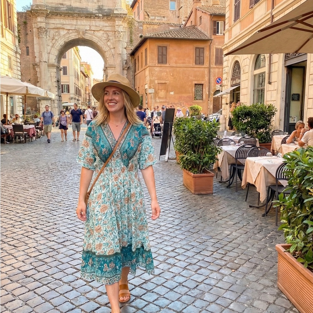 BloomChic Teal and Cream Floral Midi Dress